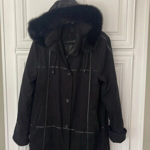 Nuage Full Length Black faux fur Hooded Coat size large fully lined